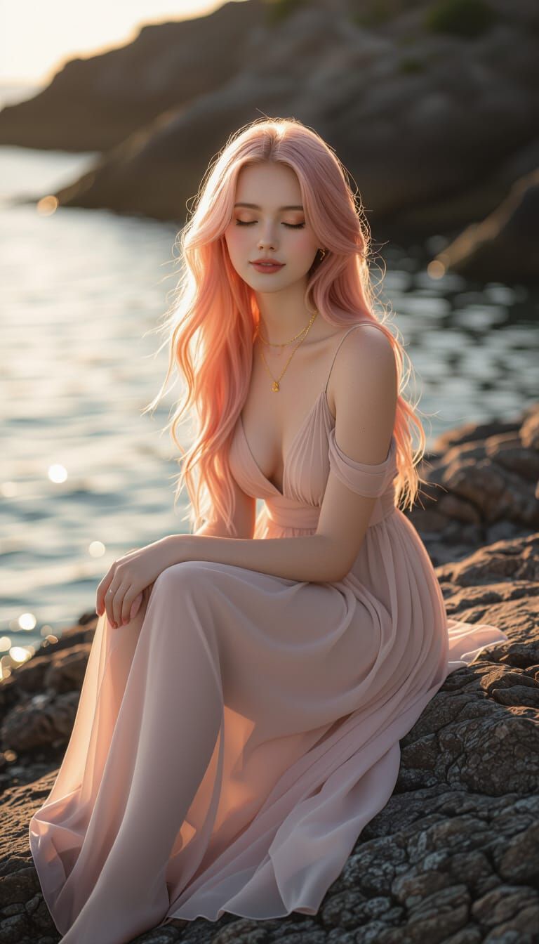 Woman in Pink Hair by the Sea at Golden Hour