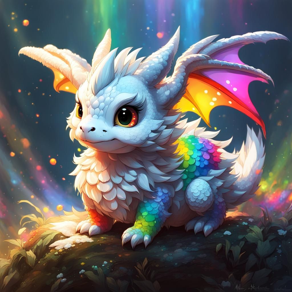 Cute Chibi Dragon with Rainbow Paint