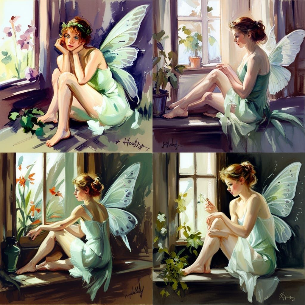 Green Fairy on Windowsill in Pastel Fantasy Style