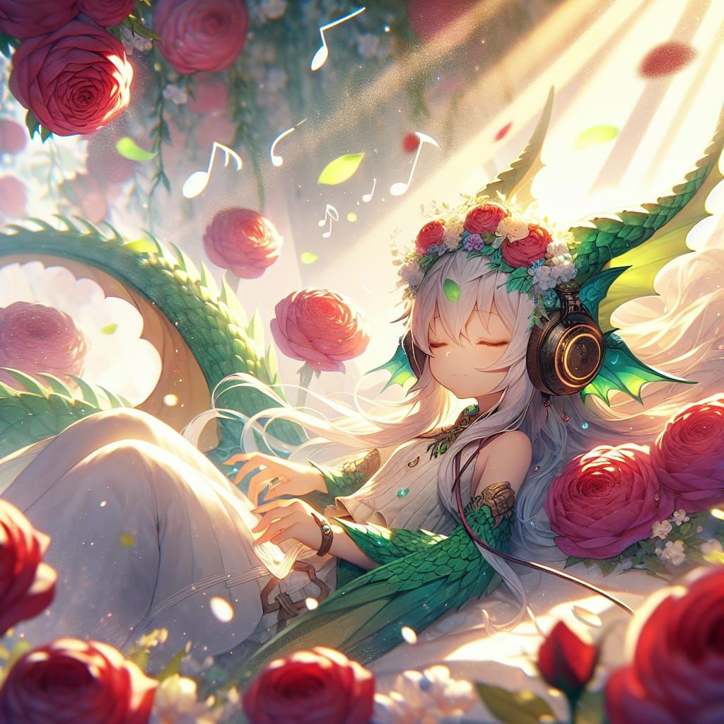 Anthropomorphic Dragon Girl Relaxing in Rose Garden