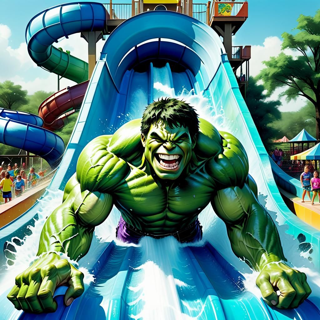 Hulk Enjoys Waterslide in Sharp Photorealistic Style