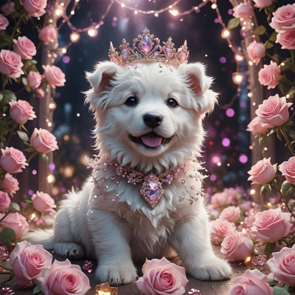 Fluffy Puppy Princess with Crystal Tiara in Roses