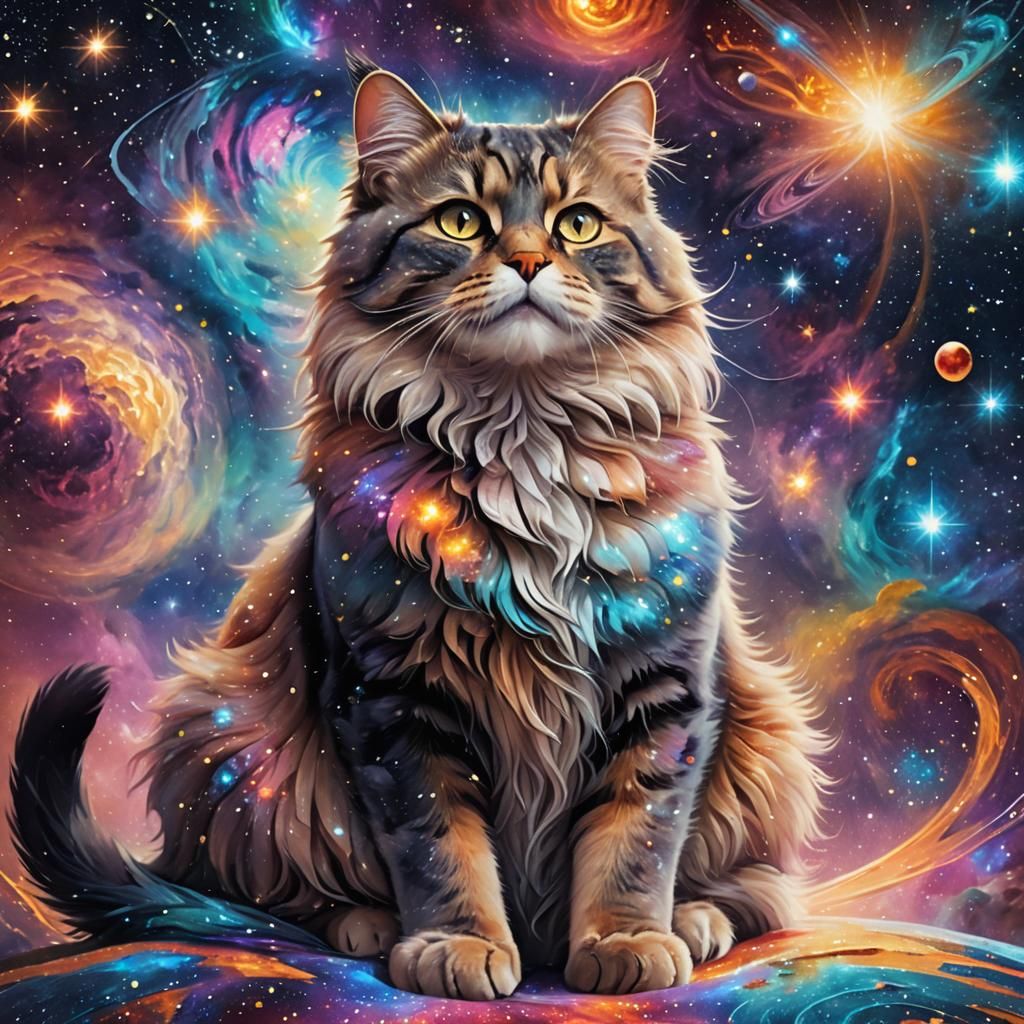 Majestic Galaxy Cat in Whimsical Fantasy Art