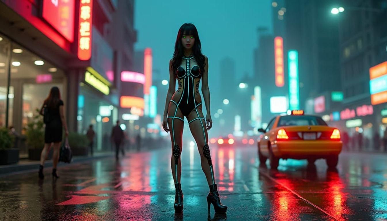 Asian Cyborg Girl in Futuristic Cityscape