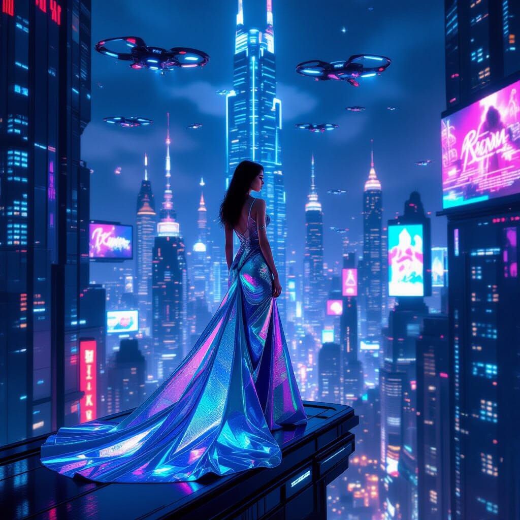 Woman in Futuristic Gown on Floating Skyscraper