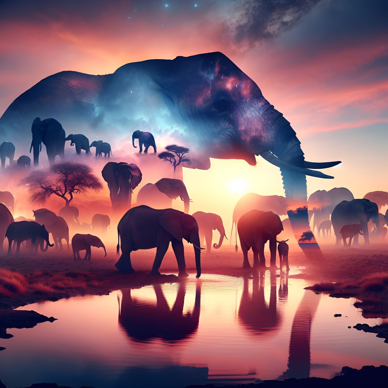 A photorealistic, vibrant color, double exposure image of a family of elephants. Their transient form fuses with a mysti...