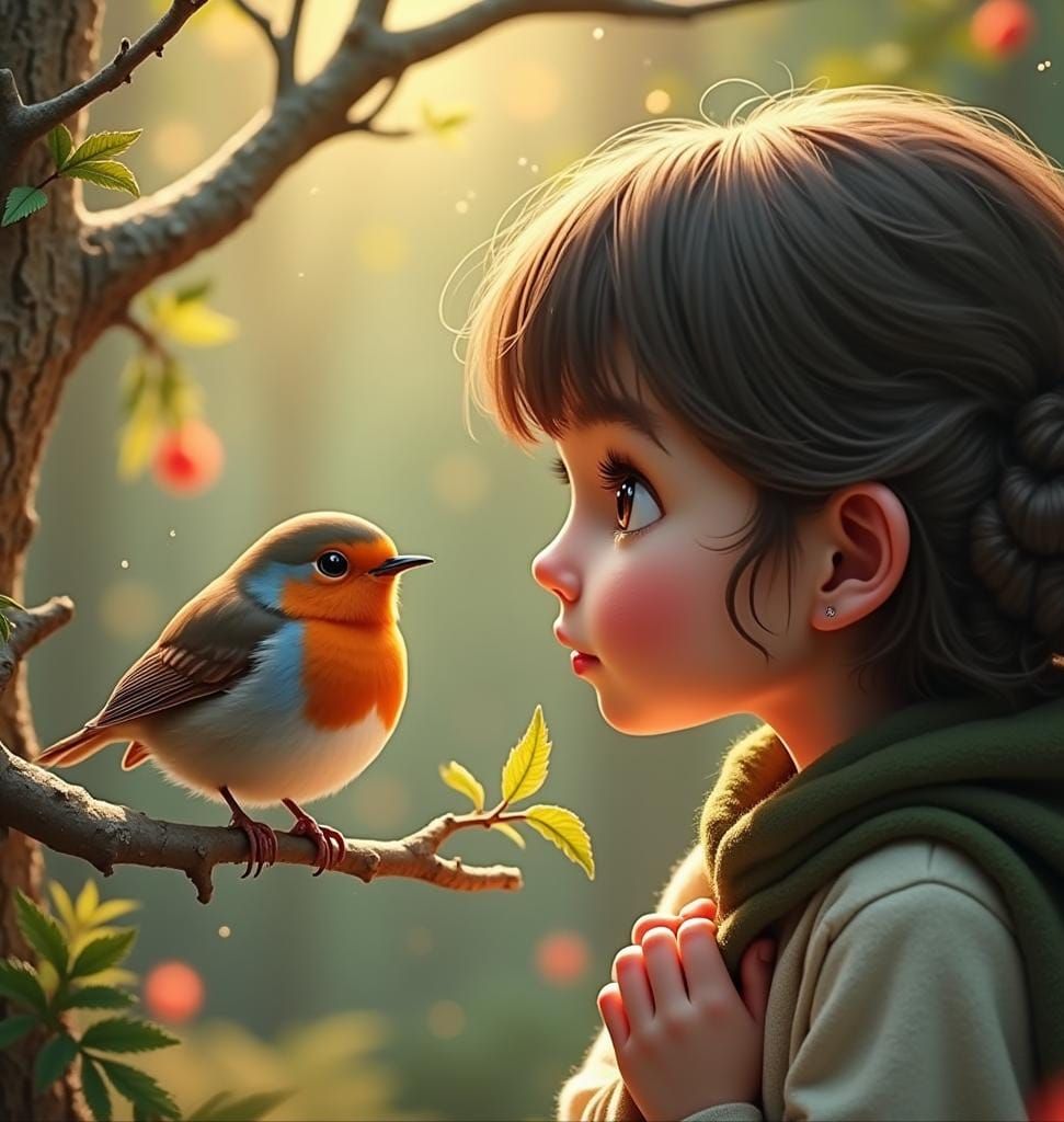 Girl and Robin Bird, Fantasy Concept Art