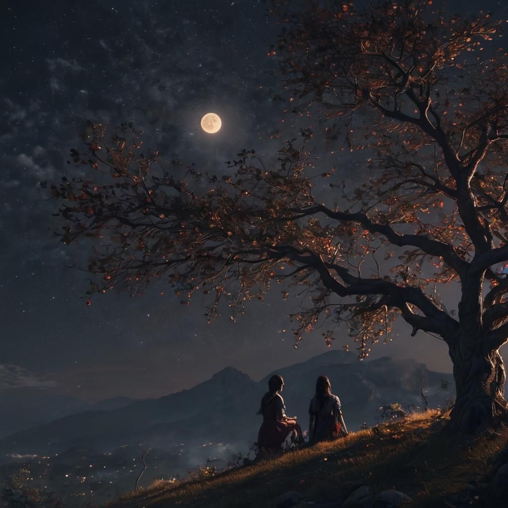 Enchanted Moonlit Apple Orchard Fantasy Scene