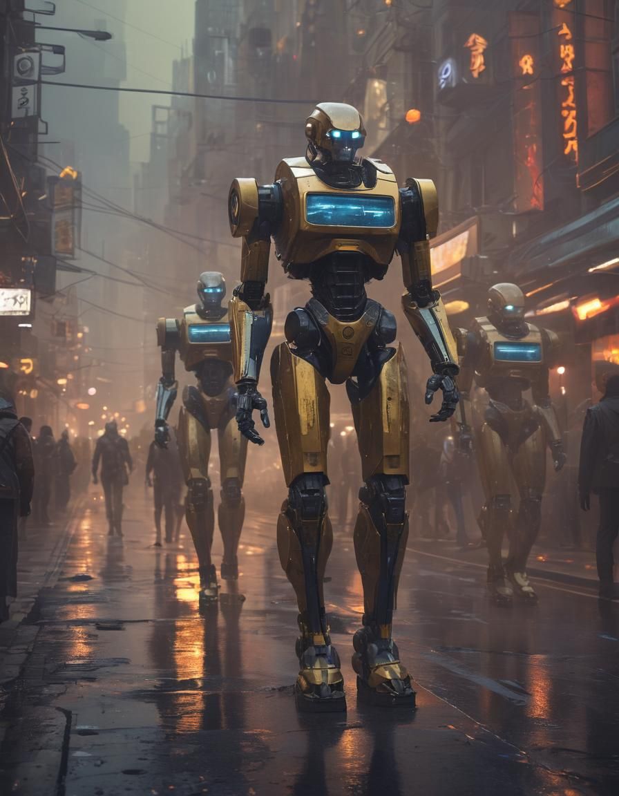 Retro-Futuristic Robot Army in Metallic Cityscape
