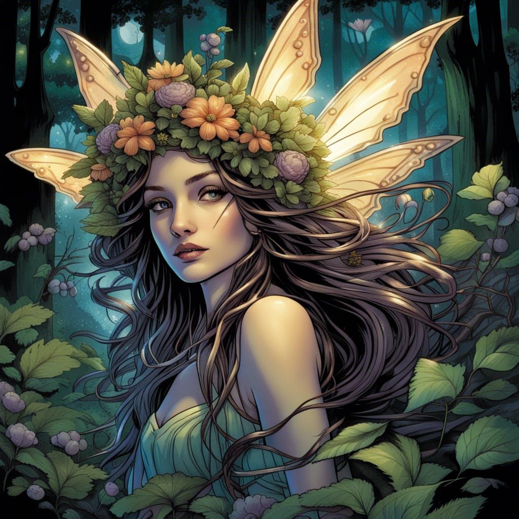 Elegant Fairy in Enchanted Woodland, Comic Book Art