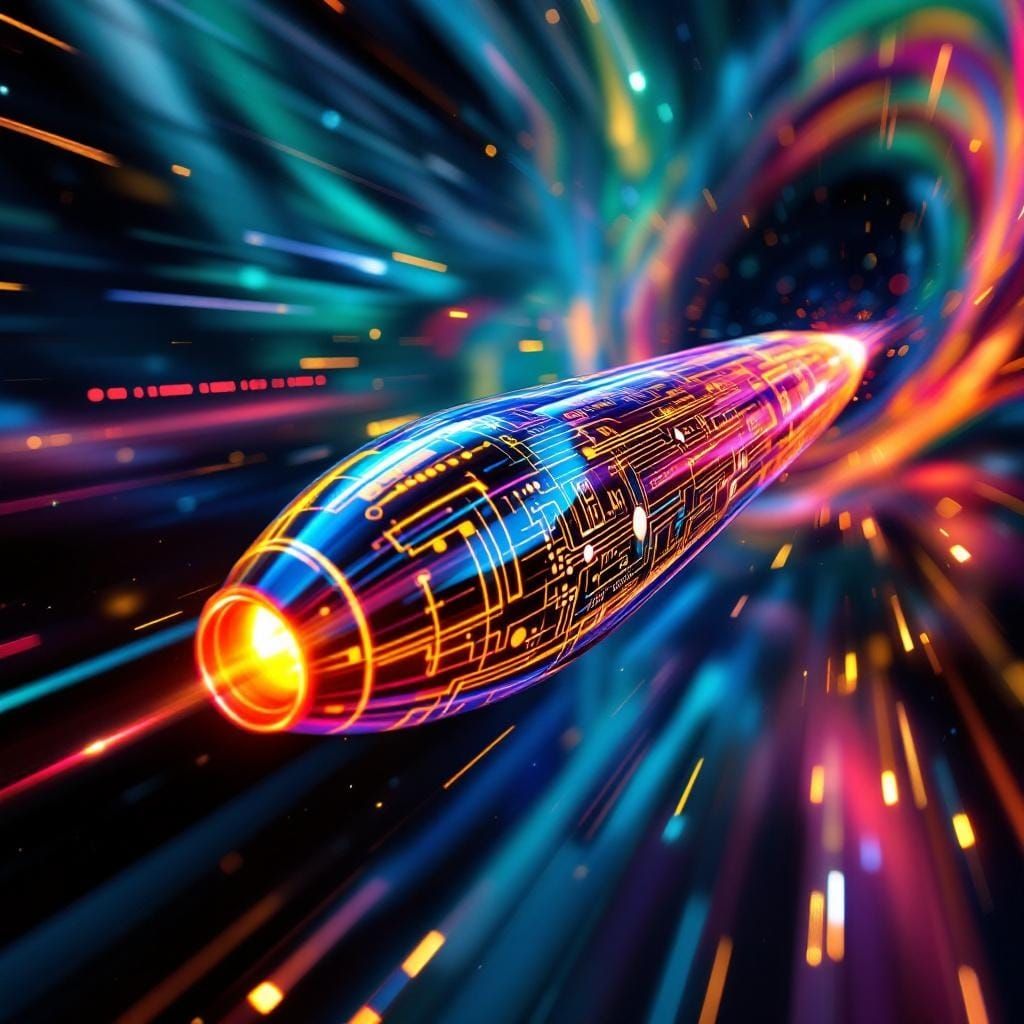 Sleek Cylinder Soars Through Cosmic Hues in CGI Style