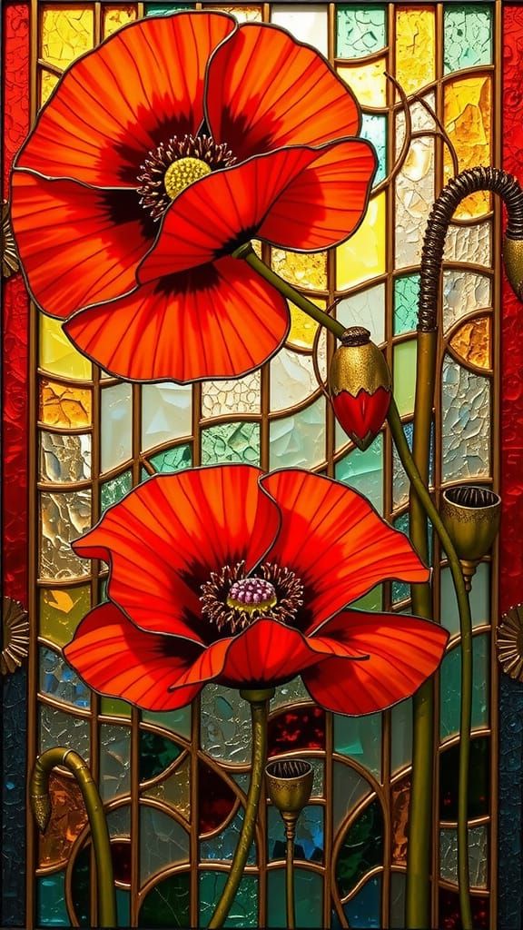 Stained Glass Poppy Flowers in Luxurious Art Deco Style