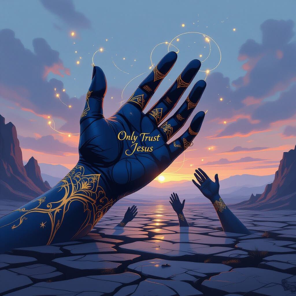 Colossal Hand Reaching Across Fractured Landscape