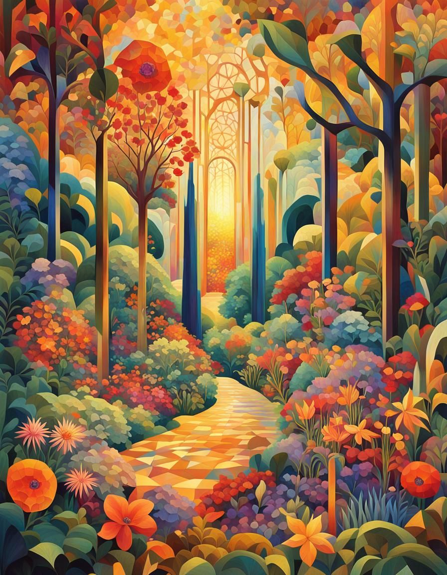 Abstract Paradise Garden in Cubist Style