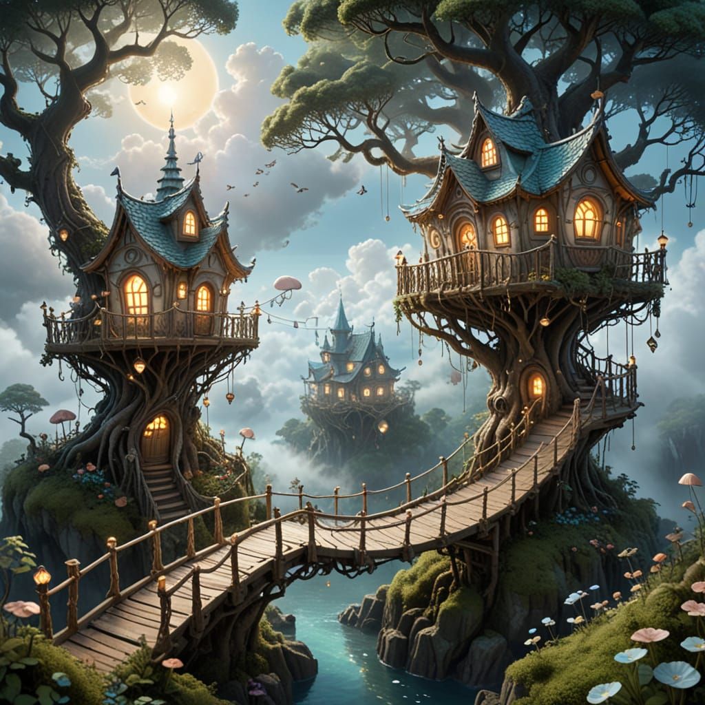 Enchanted Treehouse Village in Whimsical Fantasy Architectur...