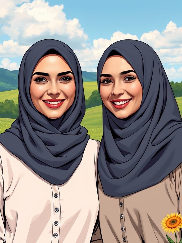 Two Friends in Hijab, Comic Book Portrait