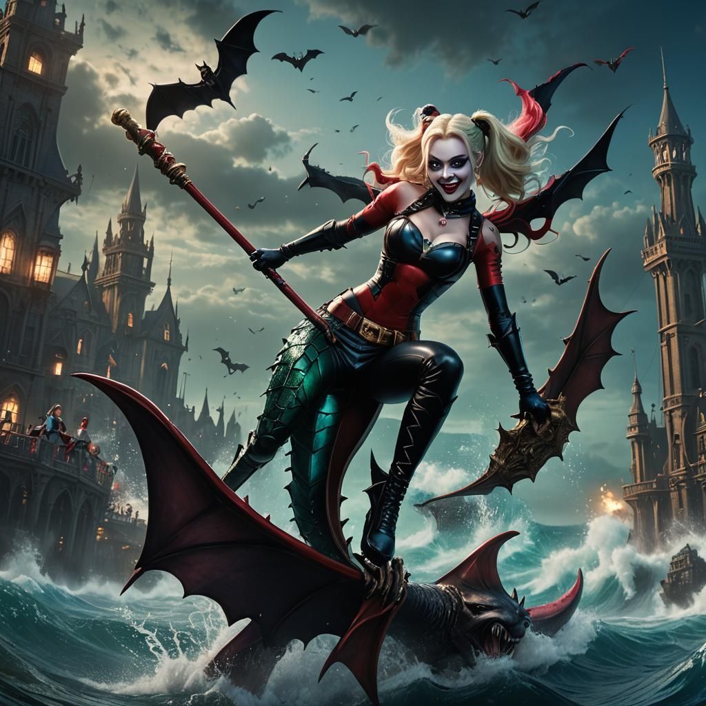 Harley Quinn as Gothic Mermaid Riding a Bat