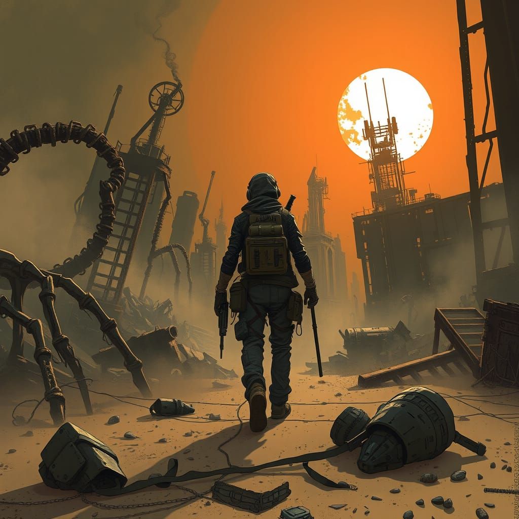 Lone Explorer in Post-Apocalyptic Metropolis