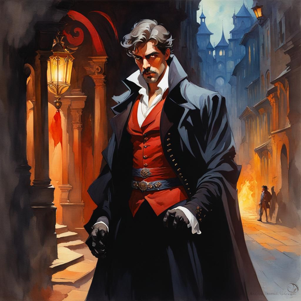 Elegant Vampire in Dark Alley as Watercolor Painting