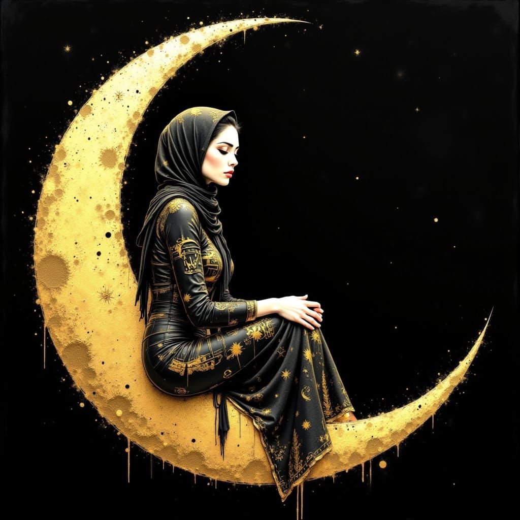 Palestinian Woman in Ancient Gold Hues, Serene on a Moonlit ...