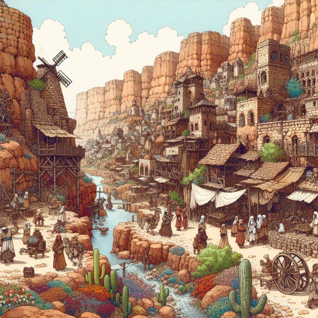 Animated Desert Canyon Village in Anime Style