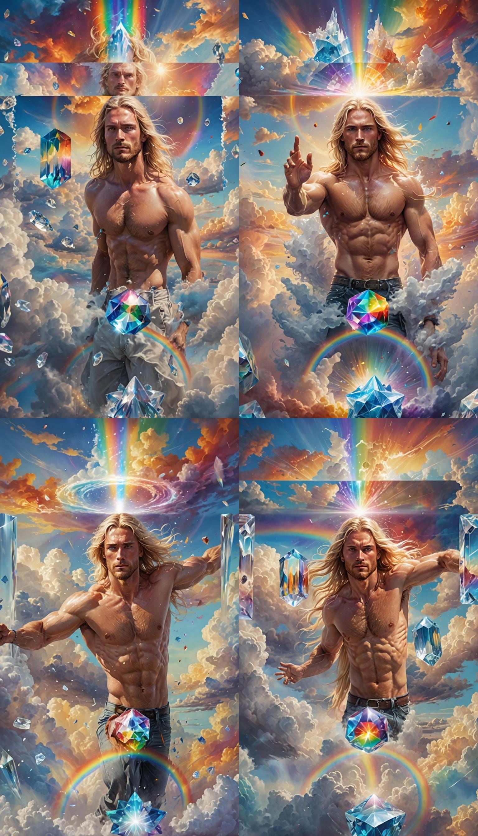 Man Levitating Rainbow Crystal in Colorful Clouds