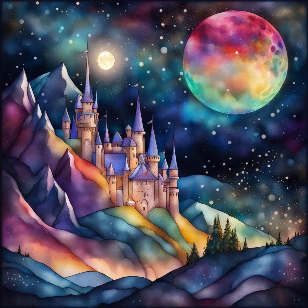 Magical Castle on Snowy Mountain in Watercolor