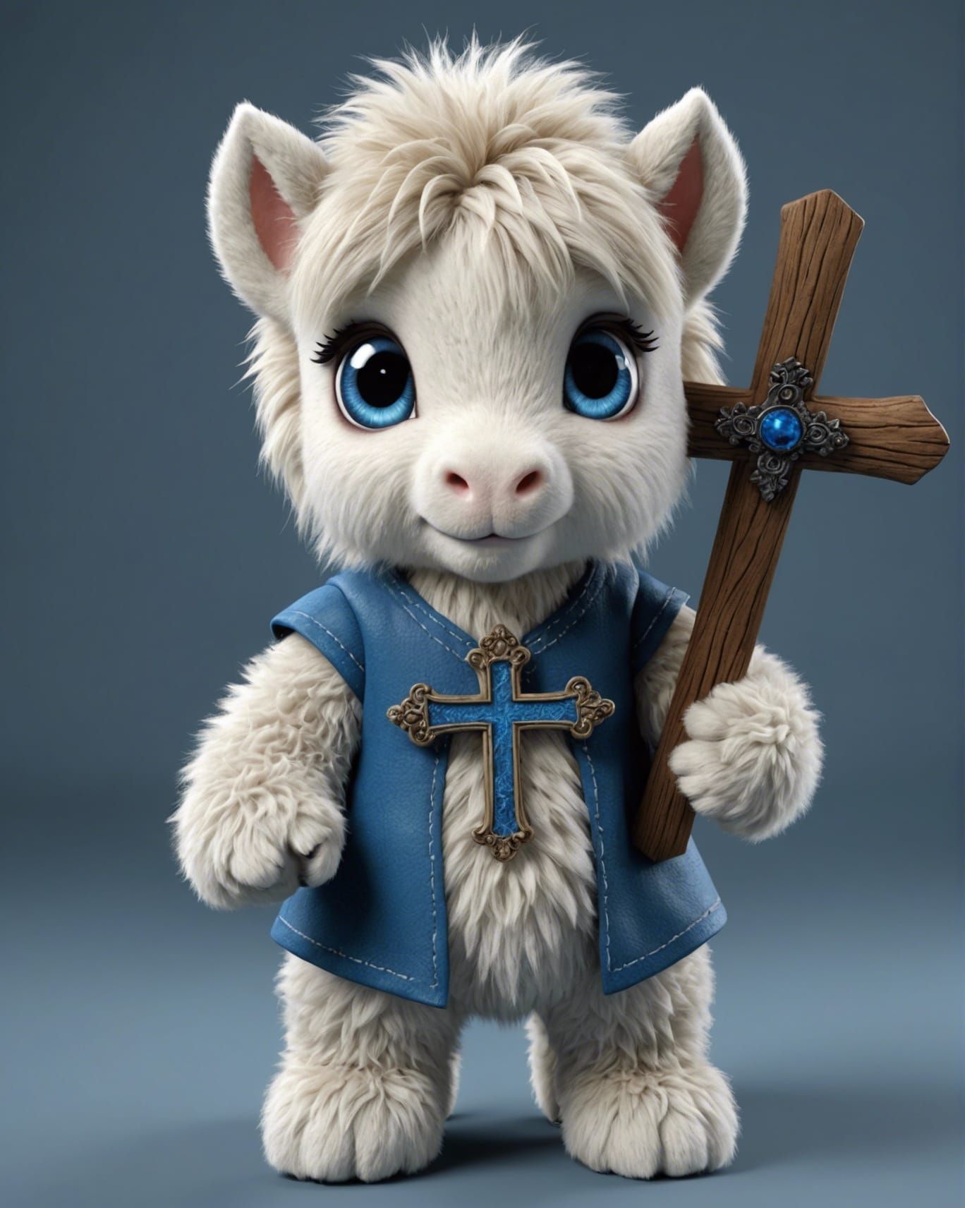 A cute anthropomorphic bipedal furry fluffy pony with big blue eyes holding The Cross, 16k, highly detailed, photorealis...