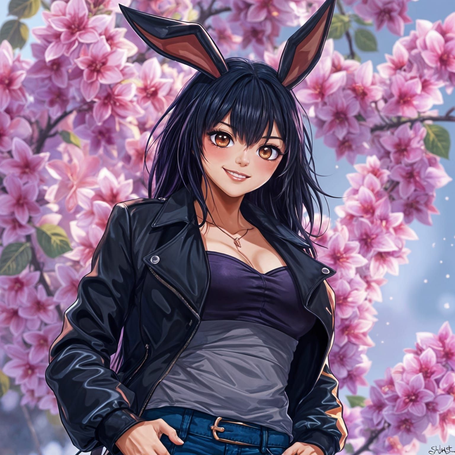 Anime Woman with Rabbit Ears in Glowing Lilac Field
