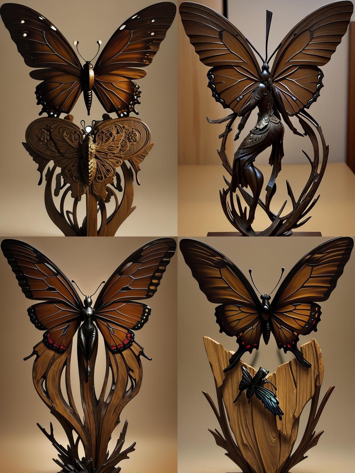 Intricate Butterfly Wood Carving Statue