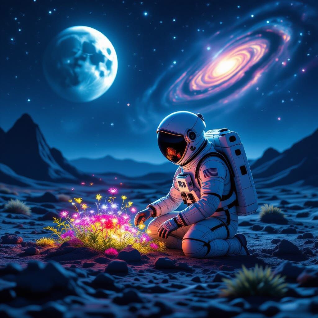 Astronaut Tends Alien Garden Under Twin Moons