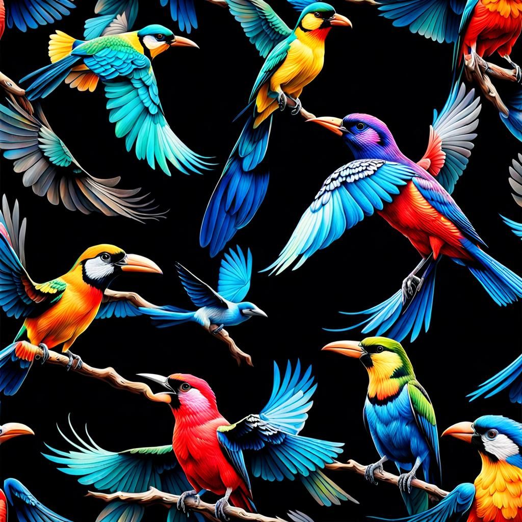 Hyperrealistic Fantasy Birds on Black Background