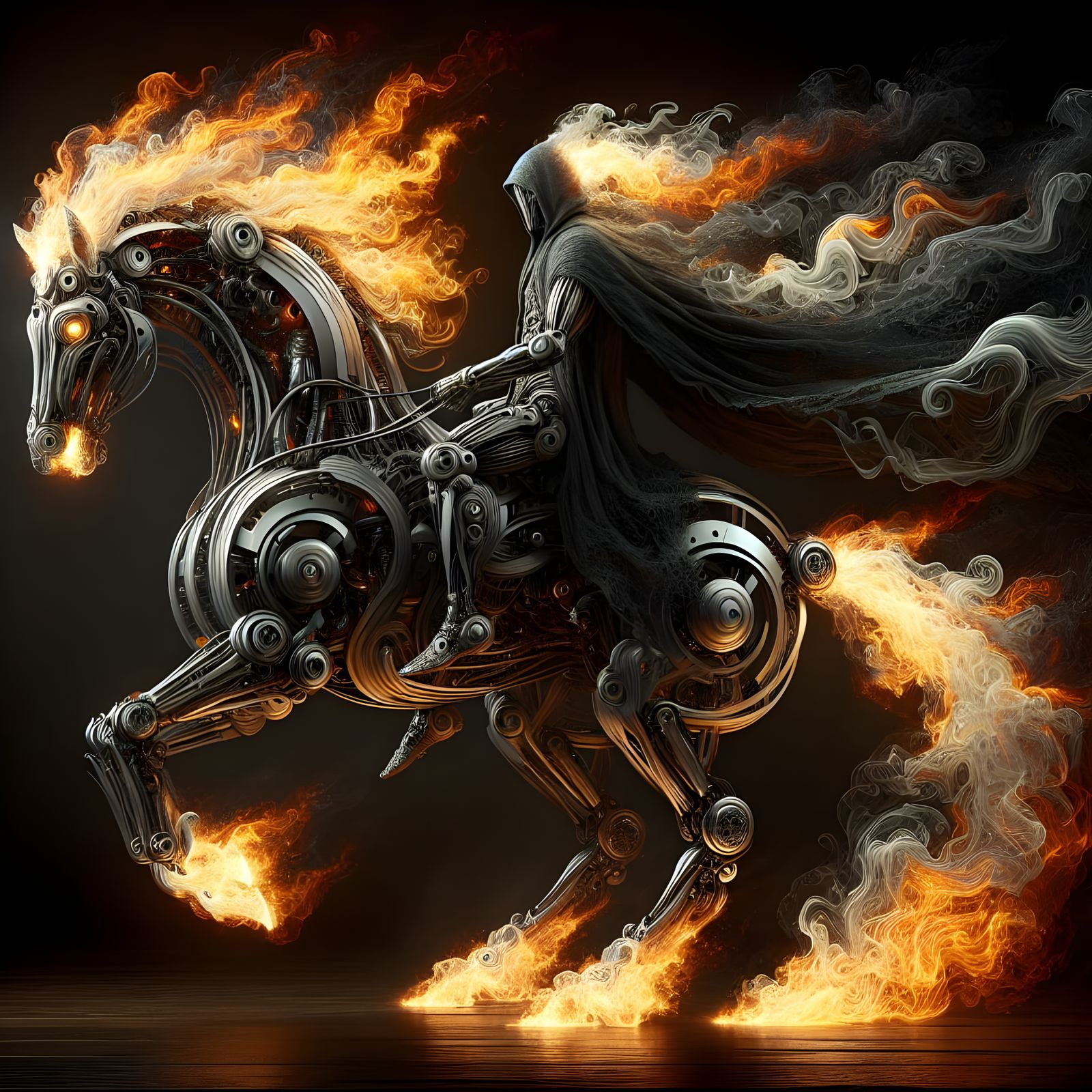 Fiery Mechanical Horse and Hooded Rider Artwork