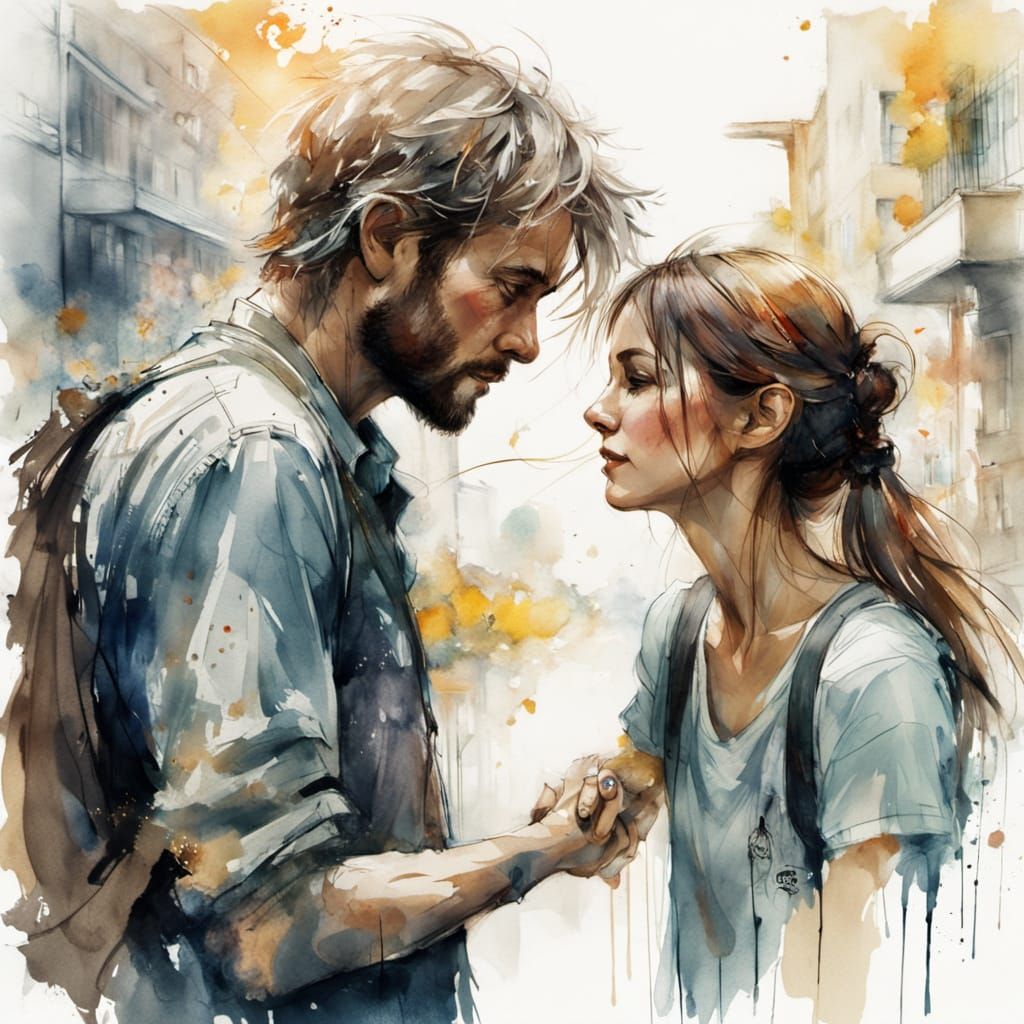 Kind Stranger Helps Fallen Woman in Ethereal Watercolor