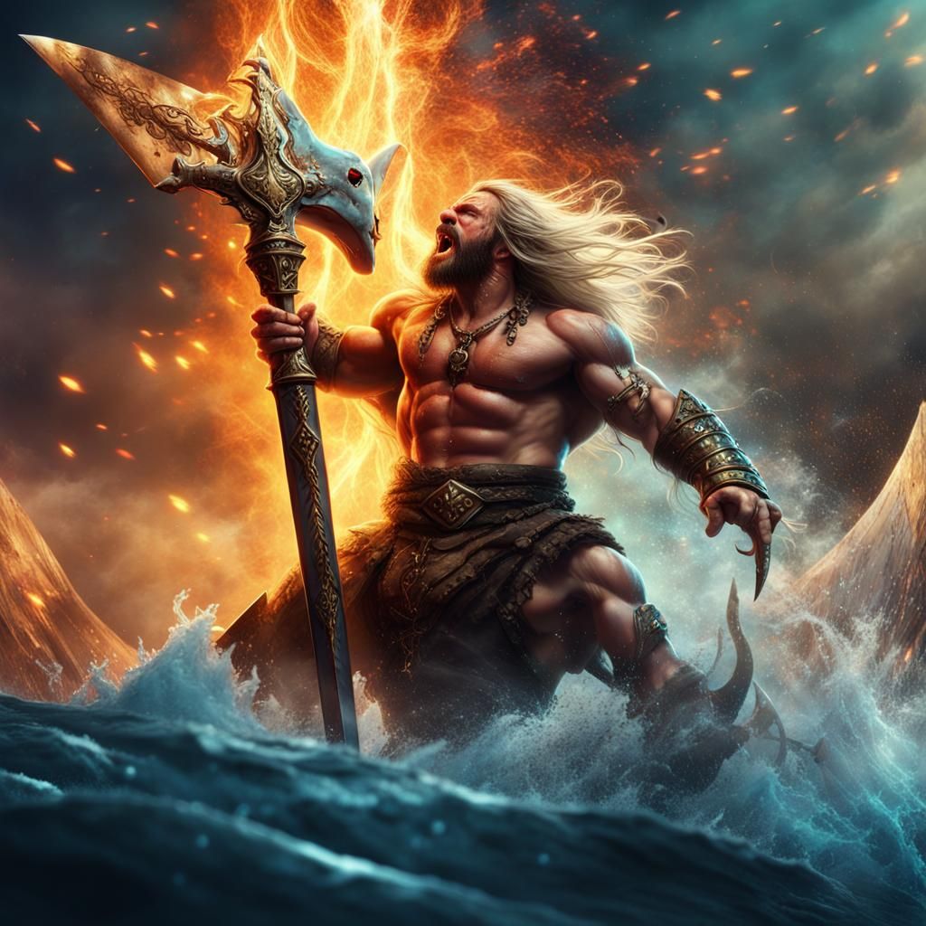 Giant Barbarian with Flaming Sword in a Fantasy Landscape