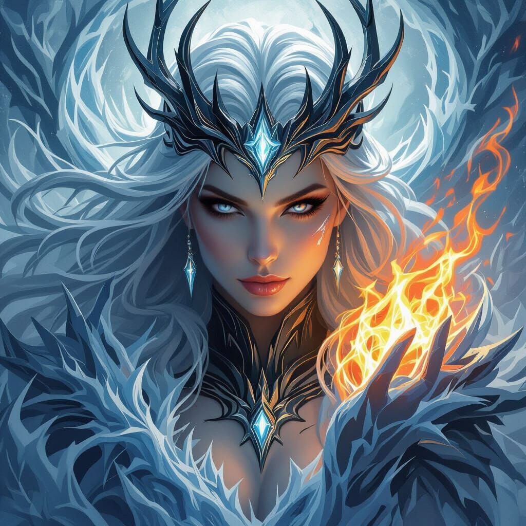 Celestial Ice and Fire Goddess in Fantasy Art Style