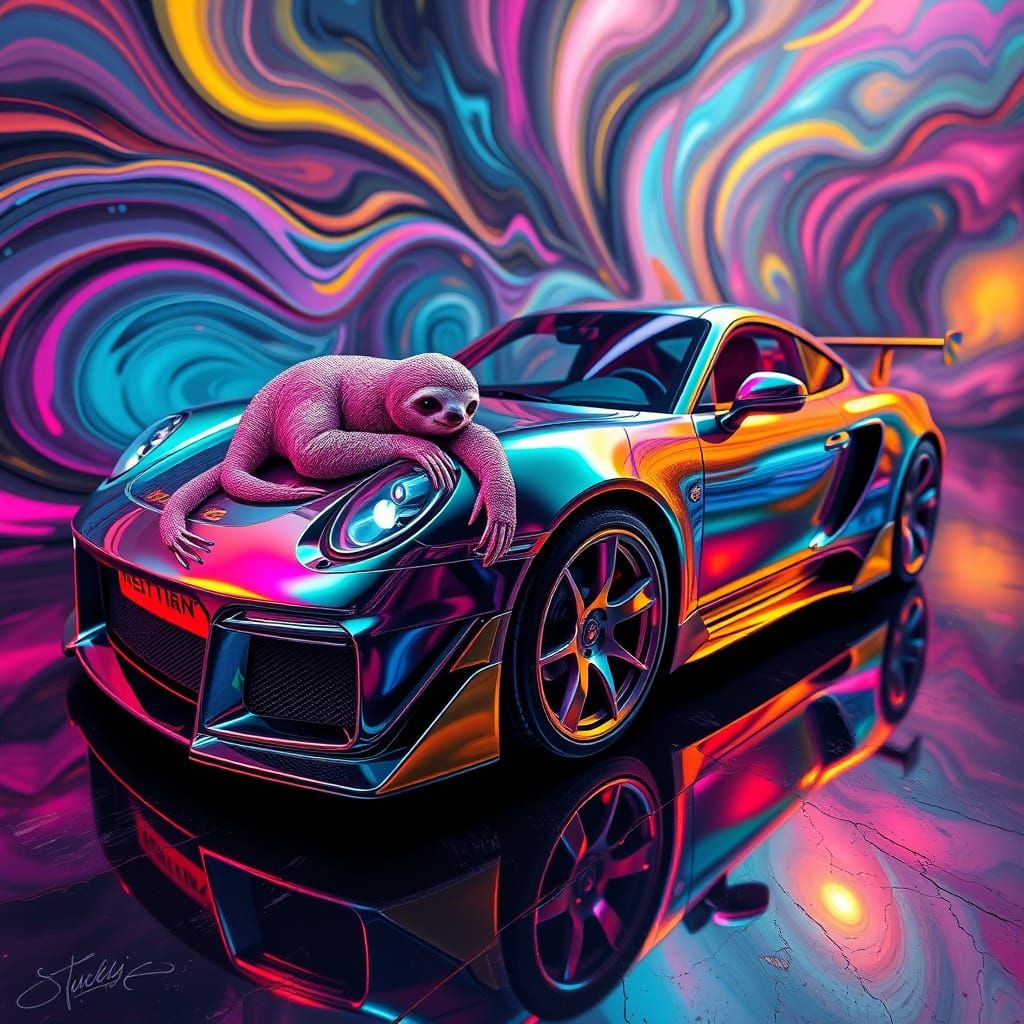 Iridescent Sloth Embossed Sports Car in Abstract Setting