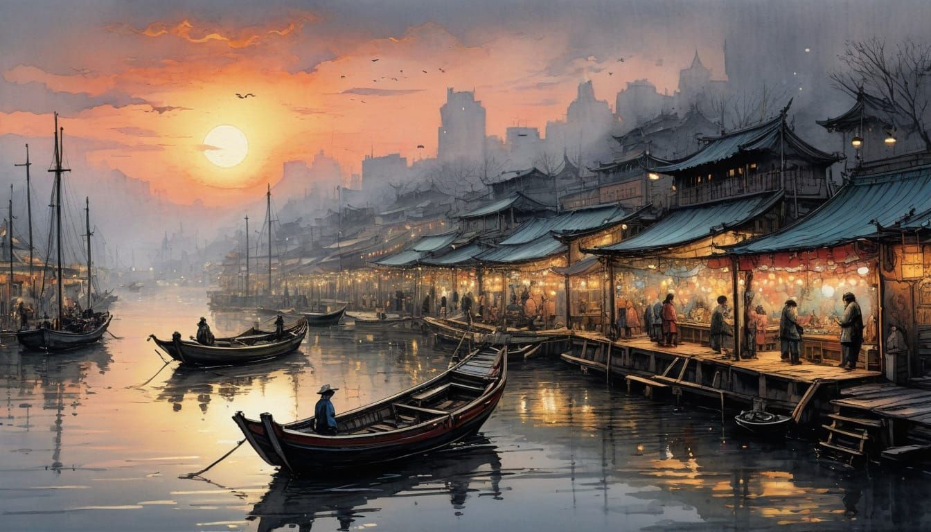Watercolour Painting of Enchanting Chinese Boat Market at Su...