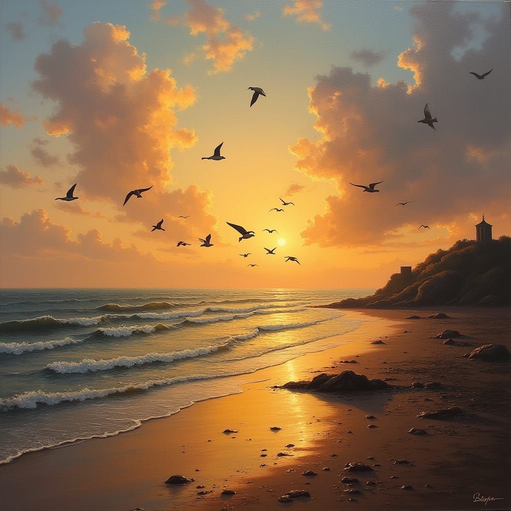 Romantic Sunset Over Holy Island with Geese