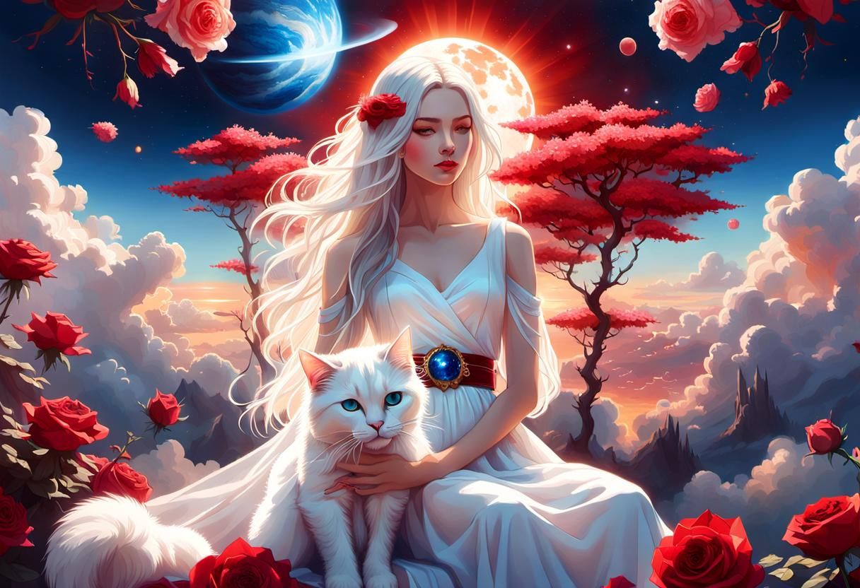 Girl with Cat in Cloudscape: Digital Photorealistic Art