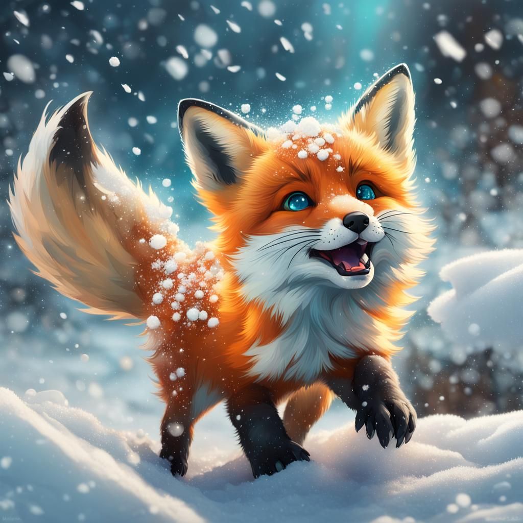 Fox Cub Enjoys Winter Snowfall: Hyperdetailed Concept Art