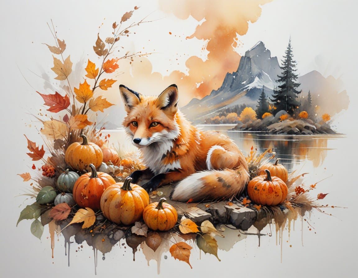 Fox by Autumn Lake in Painterly Realism Style