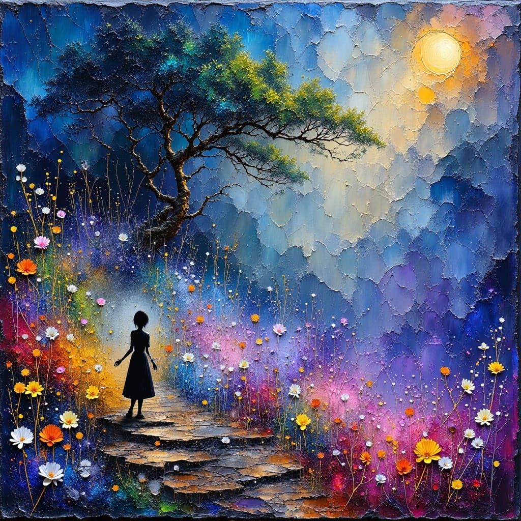 Dreamlike Hillside Garden in Semi-Impressionist Style