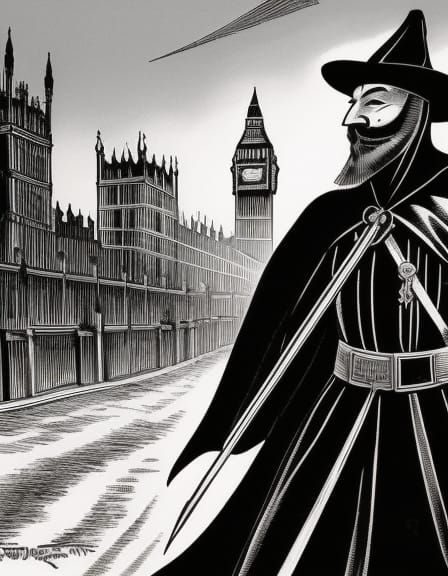 Guy Fawkes Masked Figure in London, Comic Art