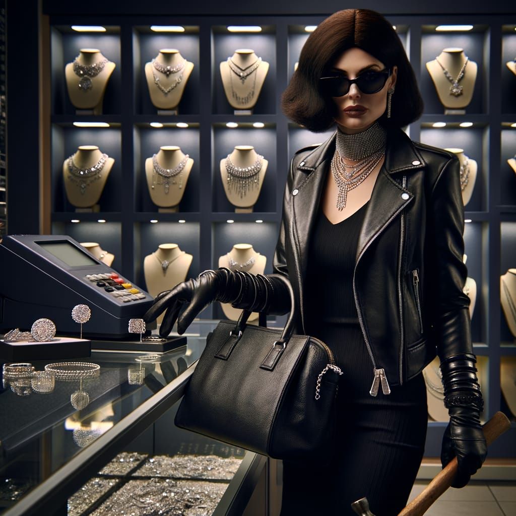 Female Robber Stealing Diamonds in Jewelry Store