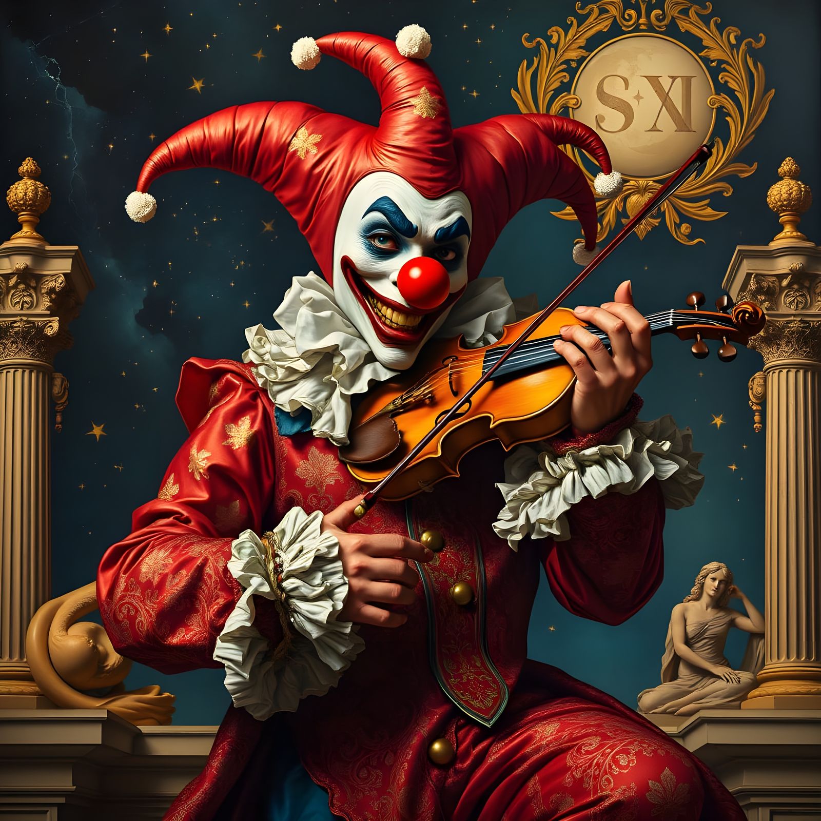 Baroque Jester Masterpiece in Celestial Setting