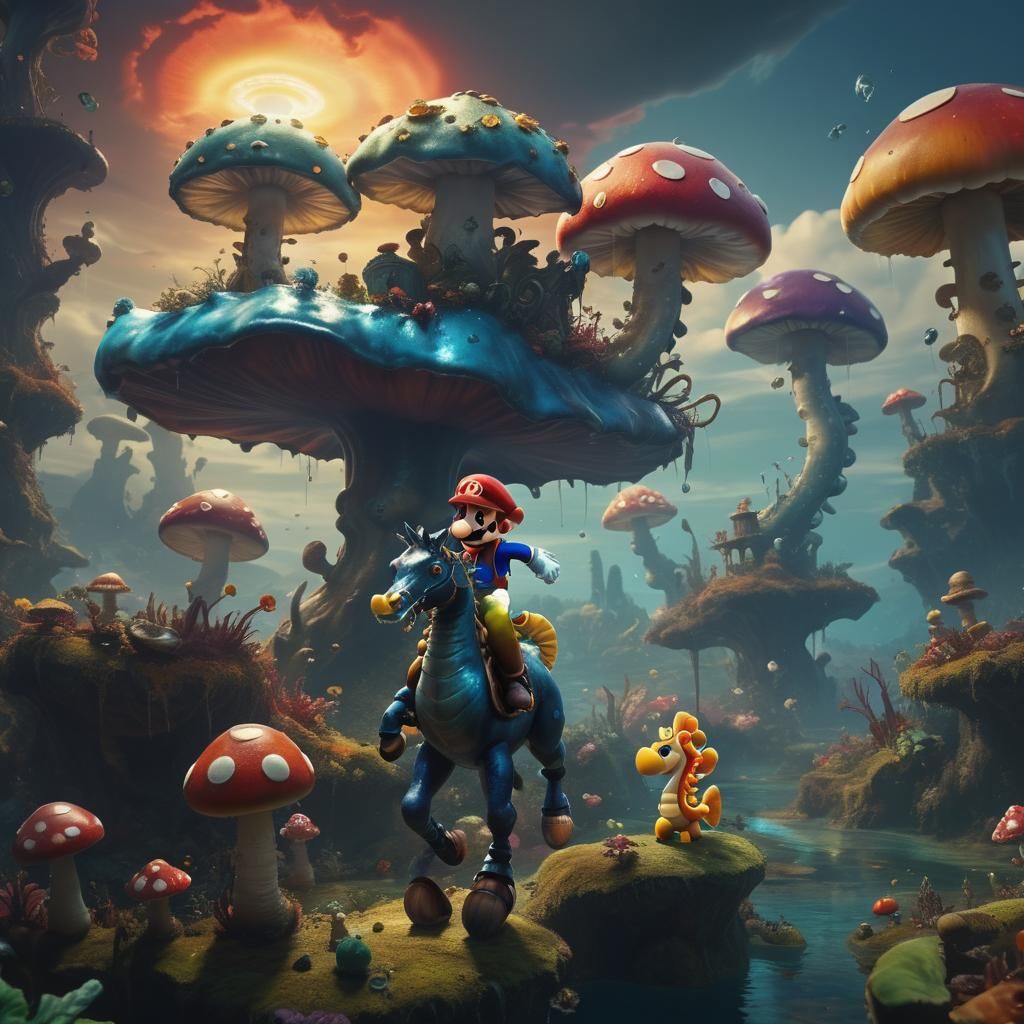 Mario Rides Seahorse in Mushroom Land, Surreal Digital Art