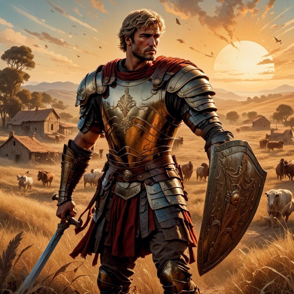 Roman Soldier in Farm: Ink and Acrylic Illustration