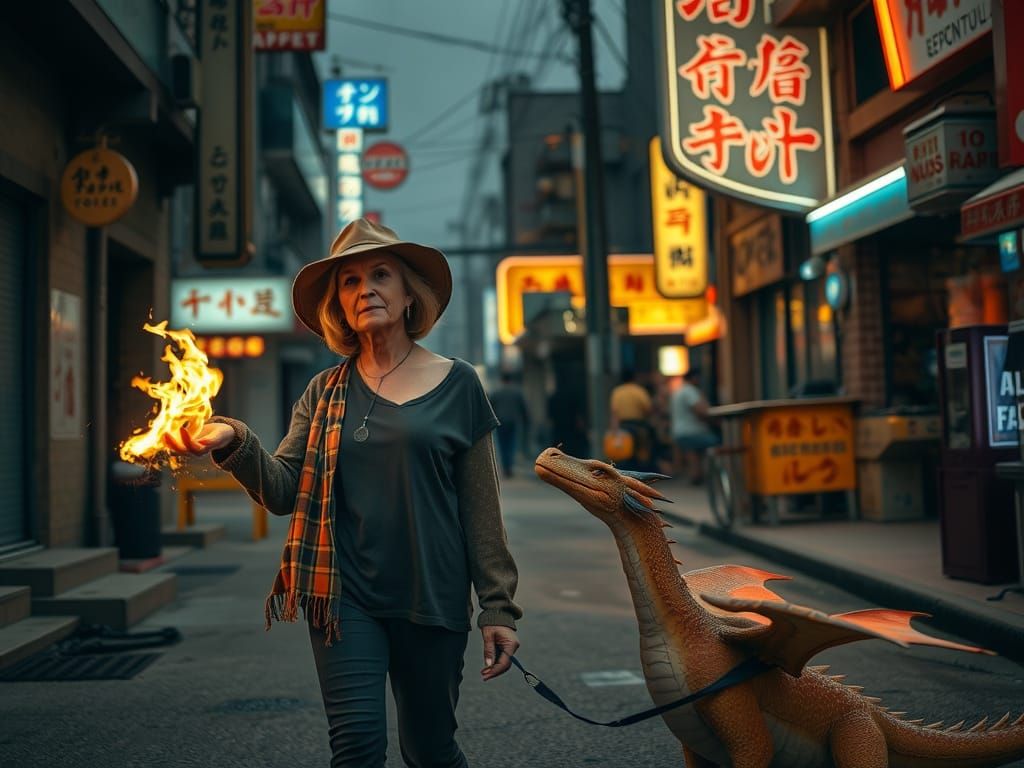 Woman Walks Dragon in Neon Cityscape