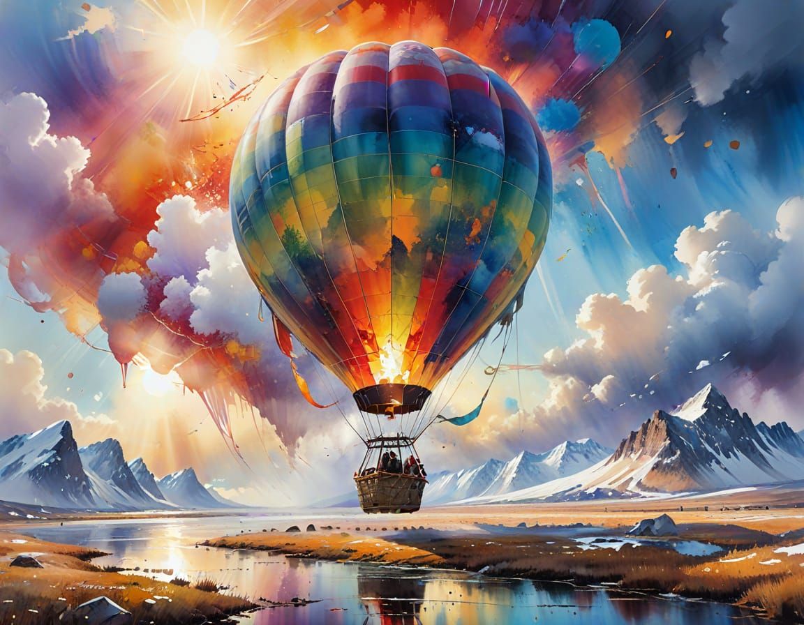 Colorful Hot Air Balloon Over Arctic Landscape
